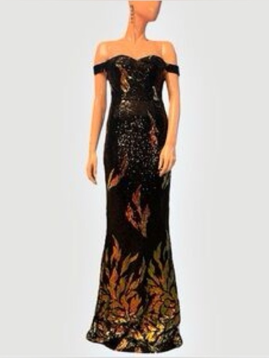 Dresses & Skirts - Black Off-Shoulder Sequin Evening Gown with Gold Leaf Accents